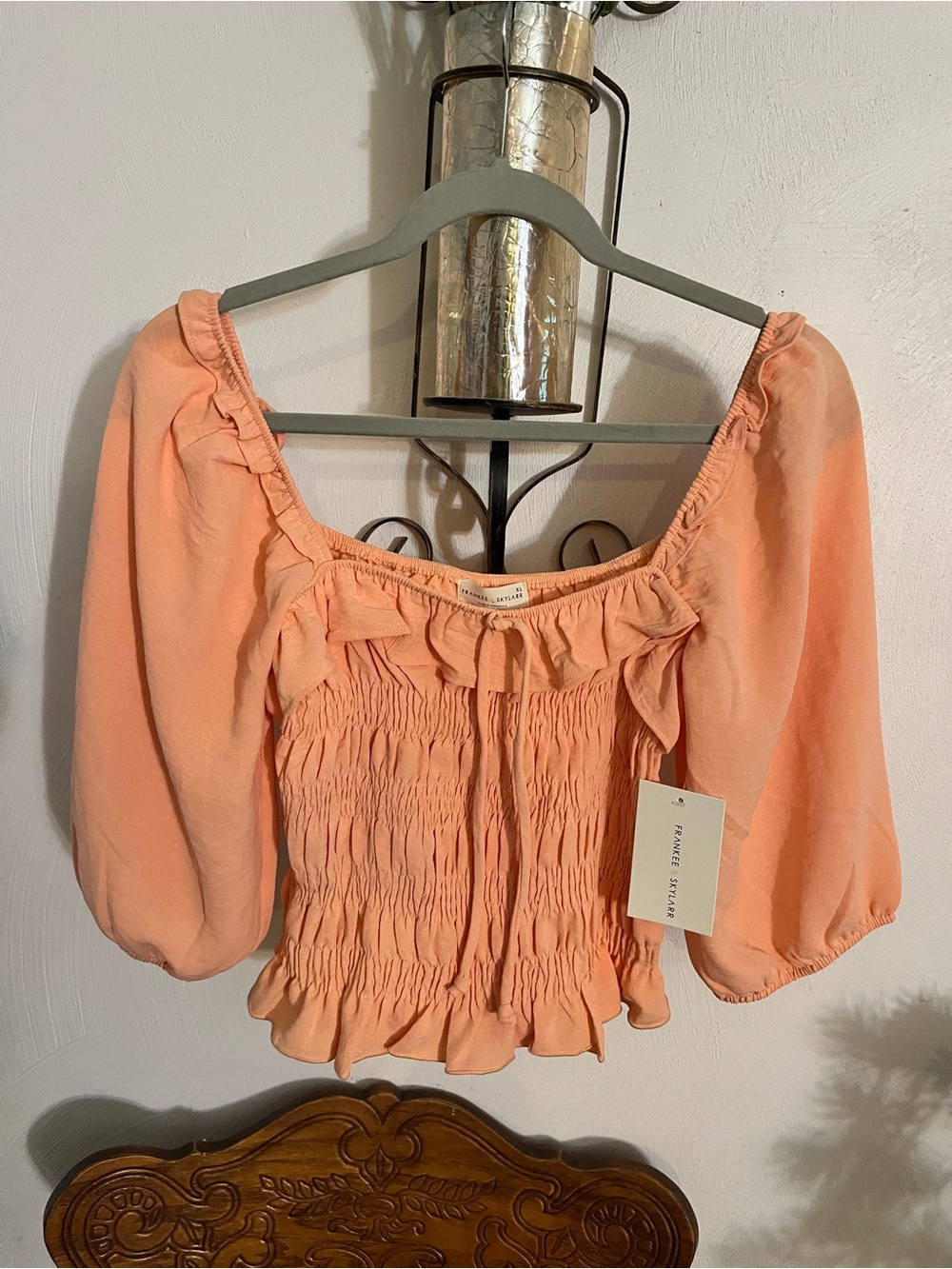 Peach Smocked Puff-Sleeve Crop Top